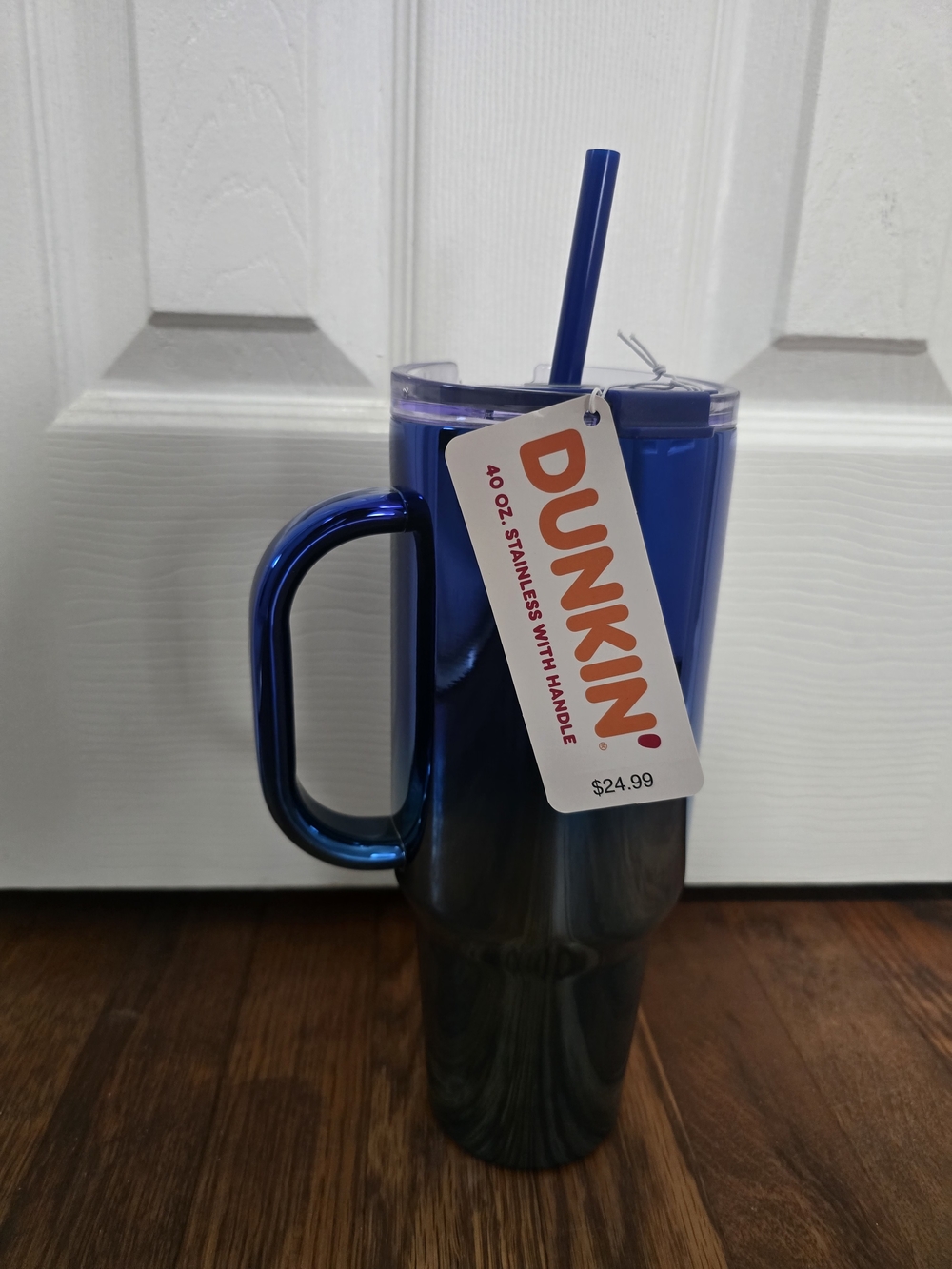Dunkin Blue Stainless Travel Mug with Handle and Straw